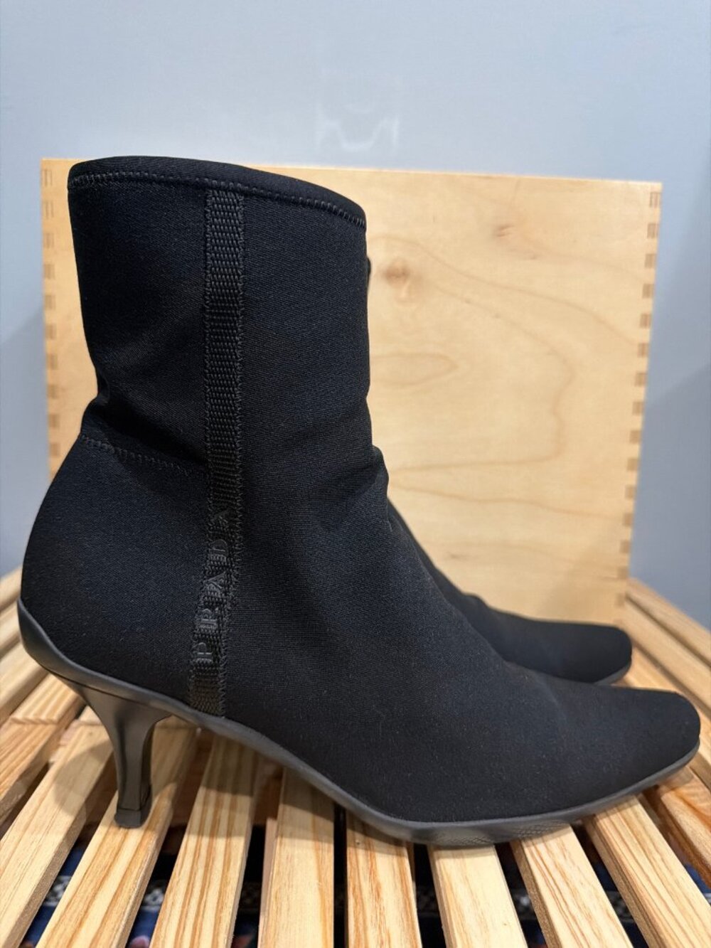 Prada Black Knit Sock Ankle Boots – Logo Tape, 3.5" Heel, Size 38.5